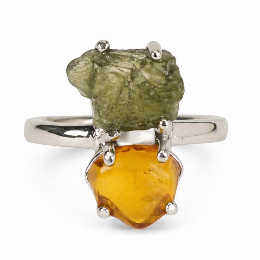 Inel argint 925 cu Moldavit si Chihlimbar – echilibru si energie calda [1]