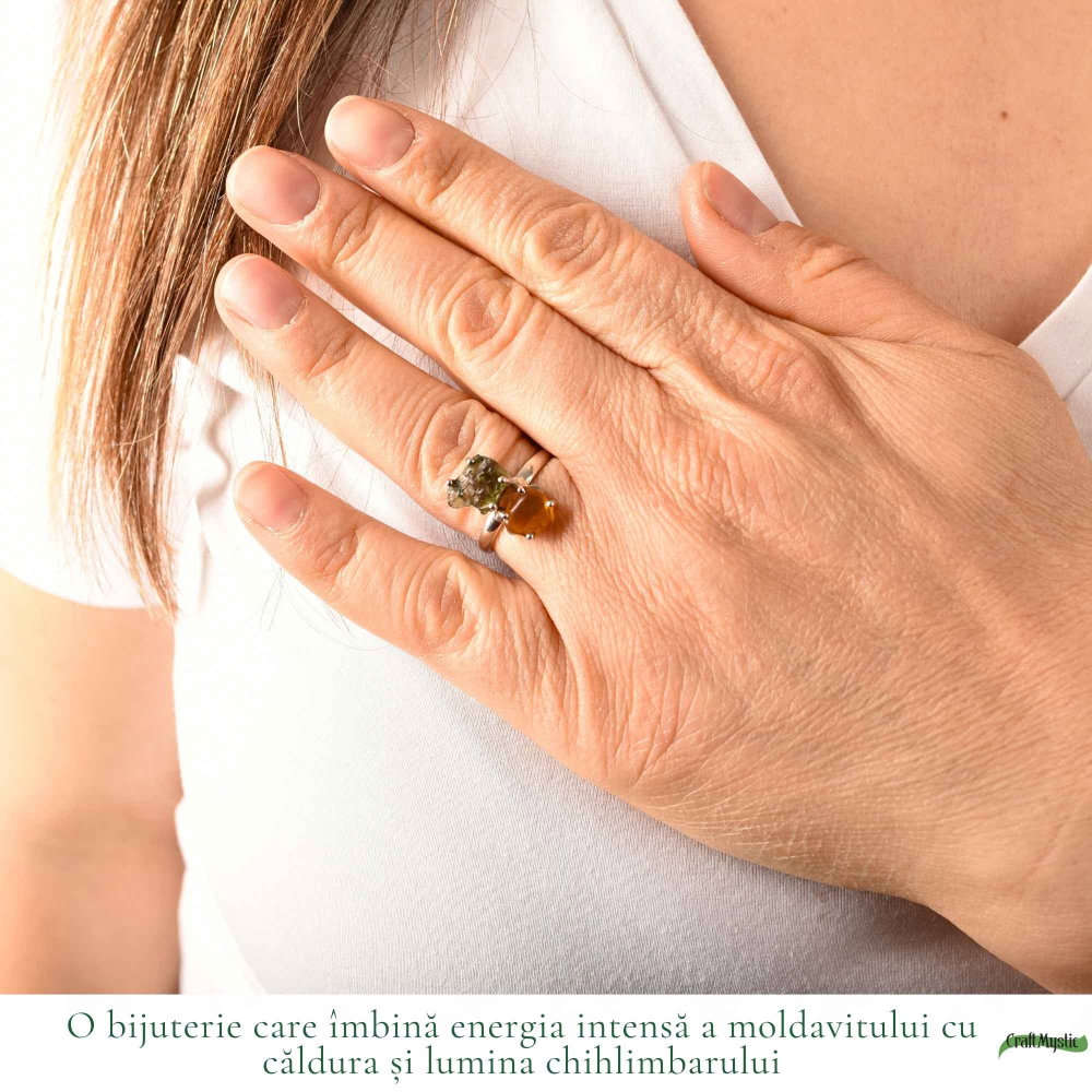 Inel argint 925 cu Moldavit si Chihlimbar – echilibru si energie calda [2]