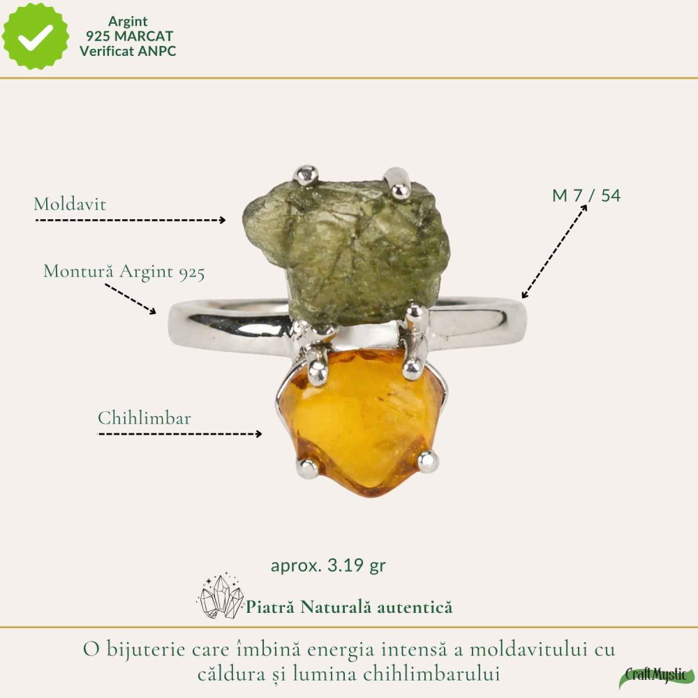 Inel argint 925 cu Moldavit si Chihlimbar – echilibru si energie calda [4]