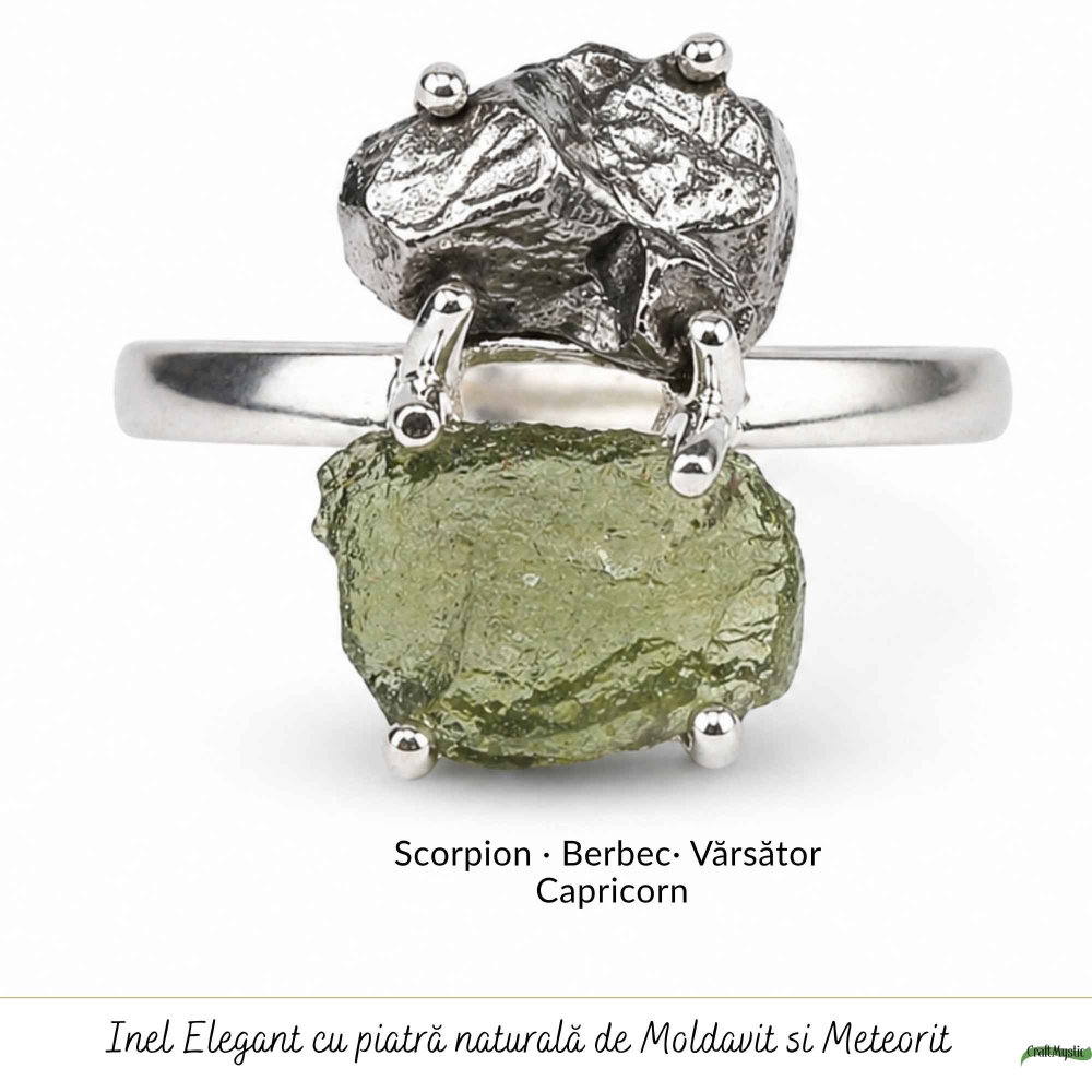 Inel argint 925 cu Moldavit si Meteorit – energie cosmica si transformare [5]