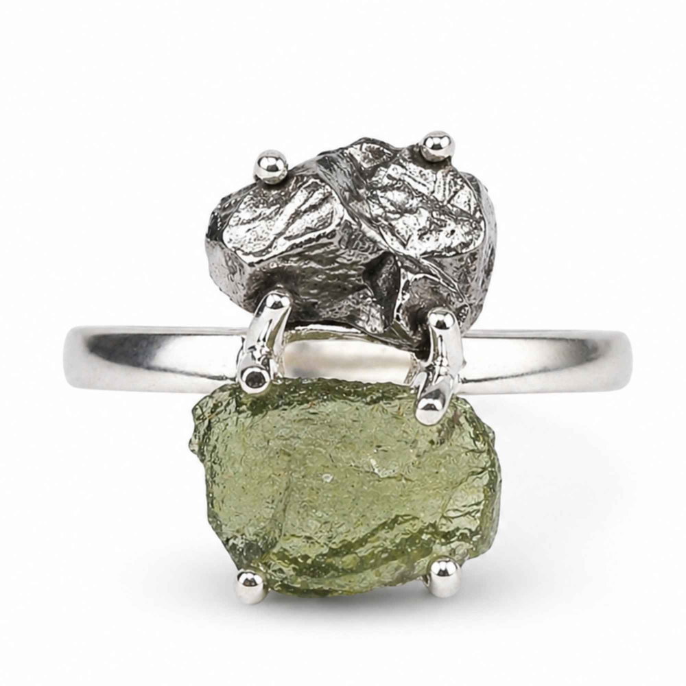 Inel argint 925 cu Moldavit si Meteorit – energie cosmica si transformare [1]