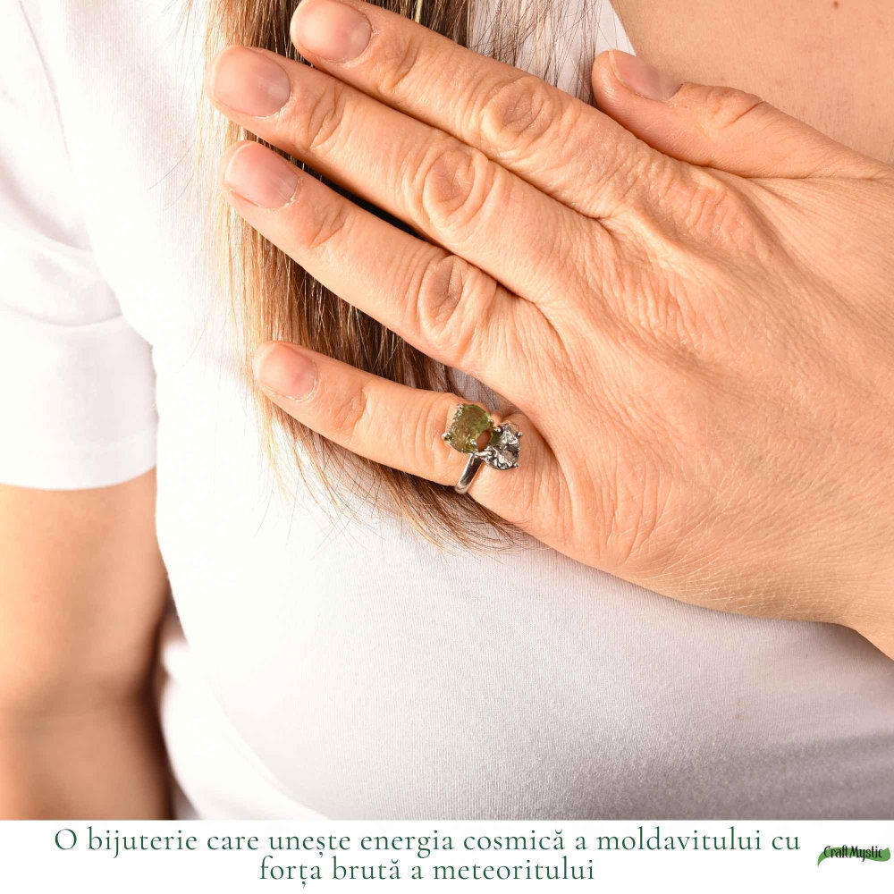 Inel argint 925 cu Moldavit si Meteorit – energie cosmica si transformare [2]