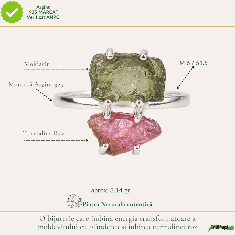 Inel argint 925 cu Moldavit si Turmalina Roz, M6/51.5 – iubire si transformare [4]