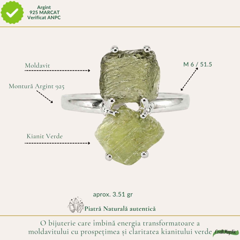 Inel argint 925 cu Moldavit si Kianit verde, M6/51.5 – echilibru si transformare [4]