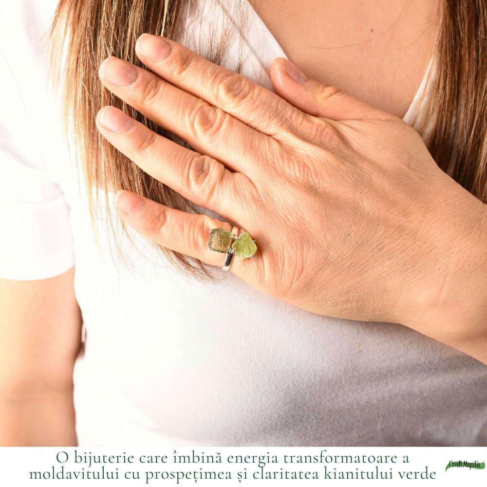 Inel argint 925 cu Moldavit si Kianit verde, M6/51.5 – echilibru si transformare [2]