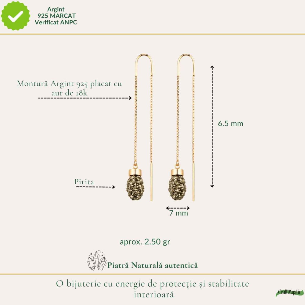Cercei argint 925 aur 18K cu Pirita bruta – protectie si energie de prosperitate [4]