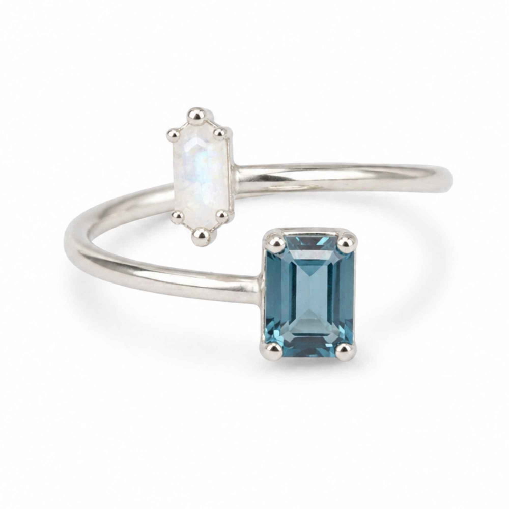 Inel argint 925 cu Topaz Albastru si Piatra Lunii dreptunghi – echilibru si claritate [1]