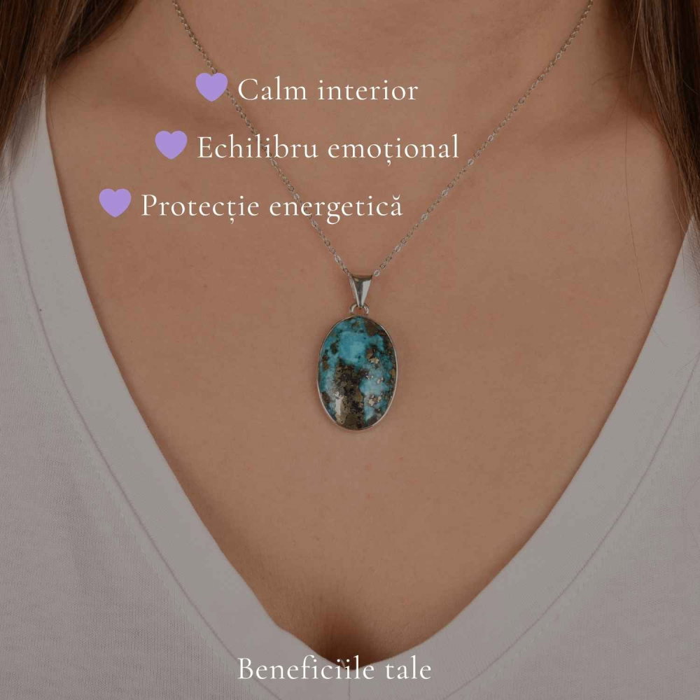 Colier argint 925 cu Turcoaz si Pirita oval – Protectie si incredere interioara [3]