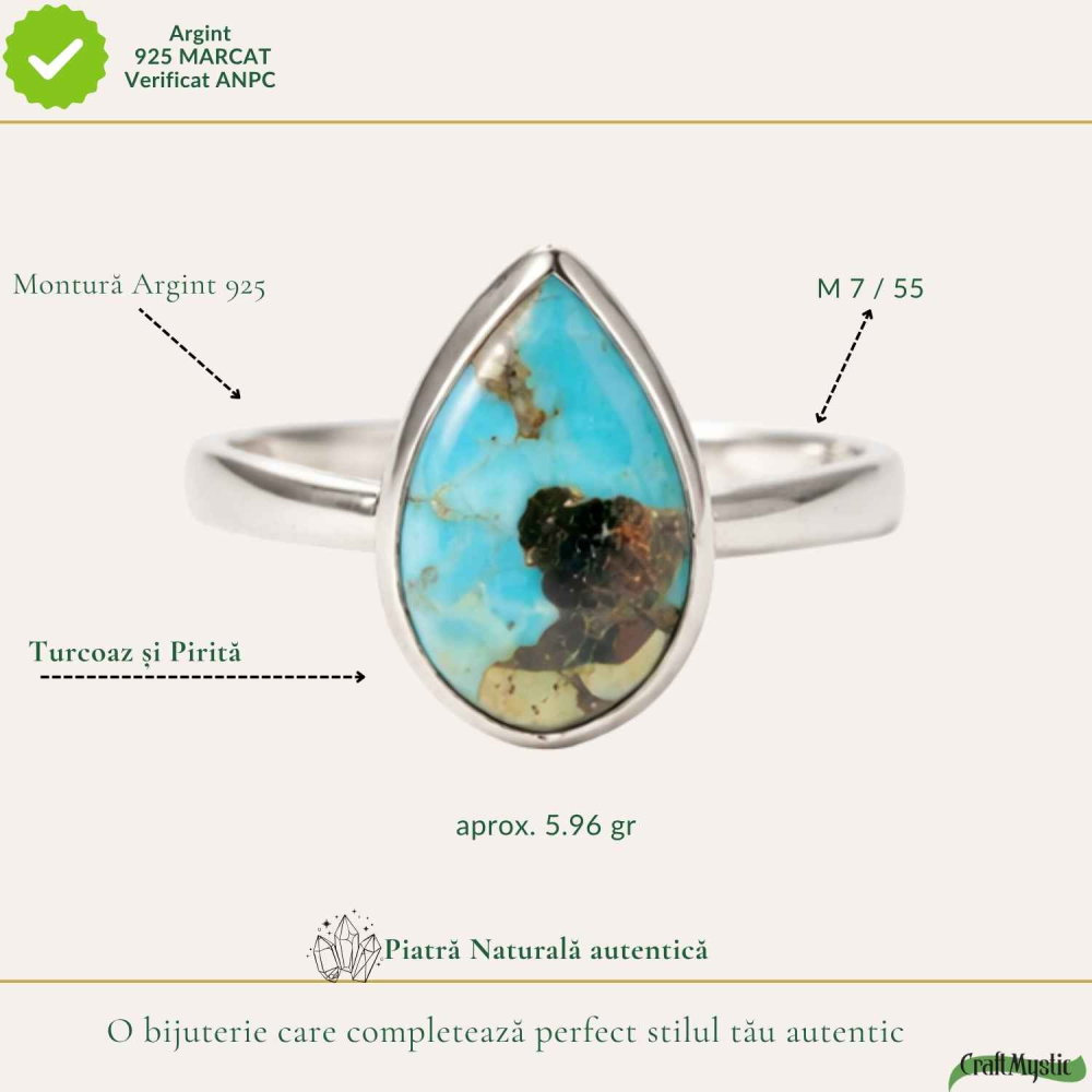 Inel Argint 925 cu Turcoaz si Pirita Lacrima – Protectie si Echilibru [4]