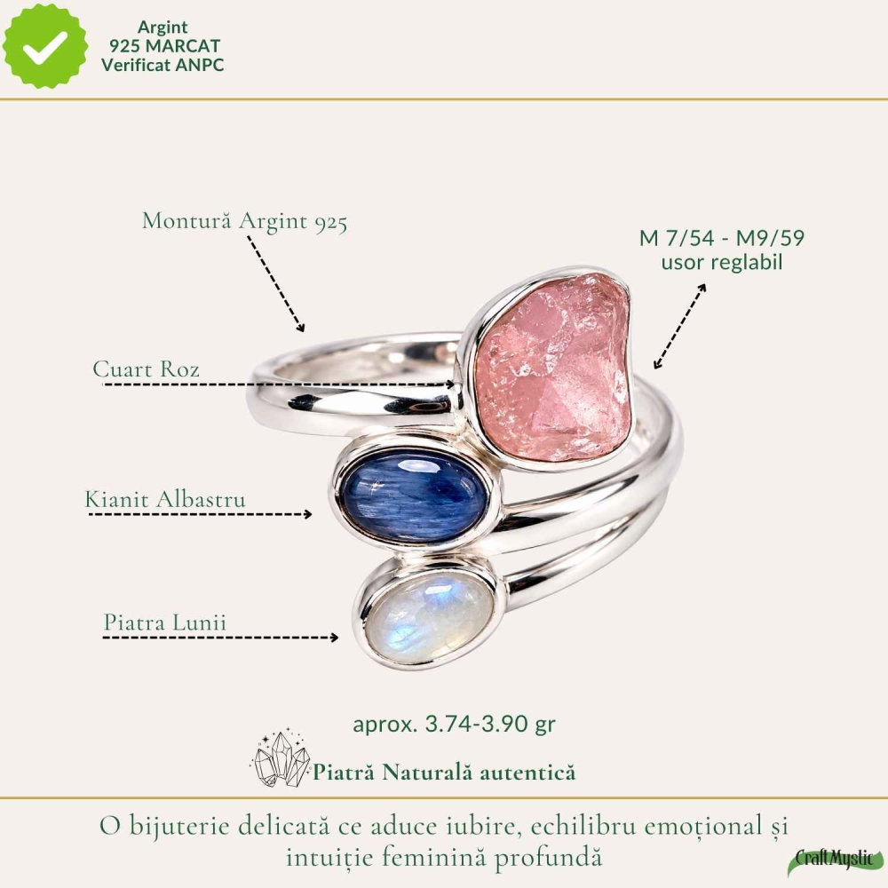 Inel Argint 925 cu Cuart Roz, Kianit Albastru si Piatra Lunii – Iubire si Echilibru [4]