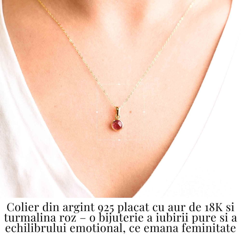 Colier Argint 925 Placat cu Aur 18K si Turmalina Roz Naturala – Iubire, Vindecare si Energie a Inimii [2]