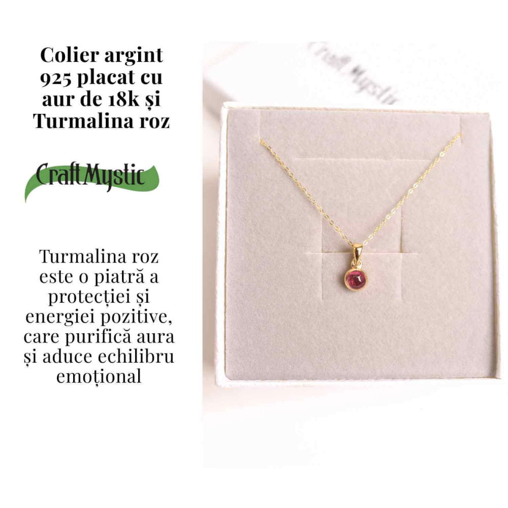 Colier Argint 925 Placat cu Aur 18K si Turmalina Roz Naturala – Iubire, Vindecare si Energie a Inimii [3]