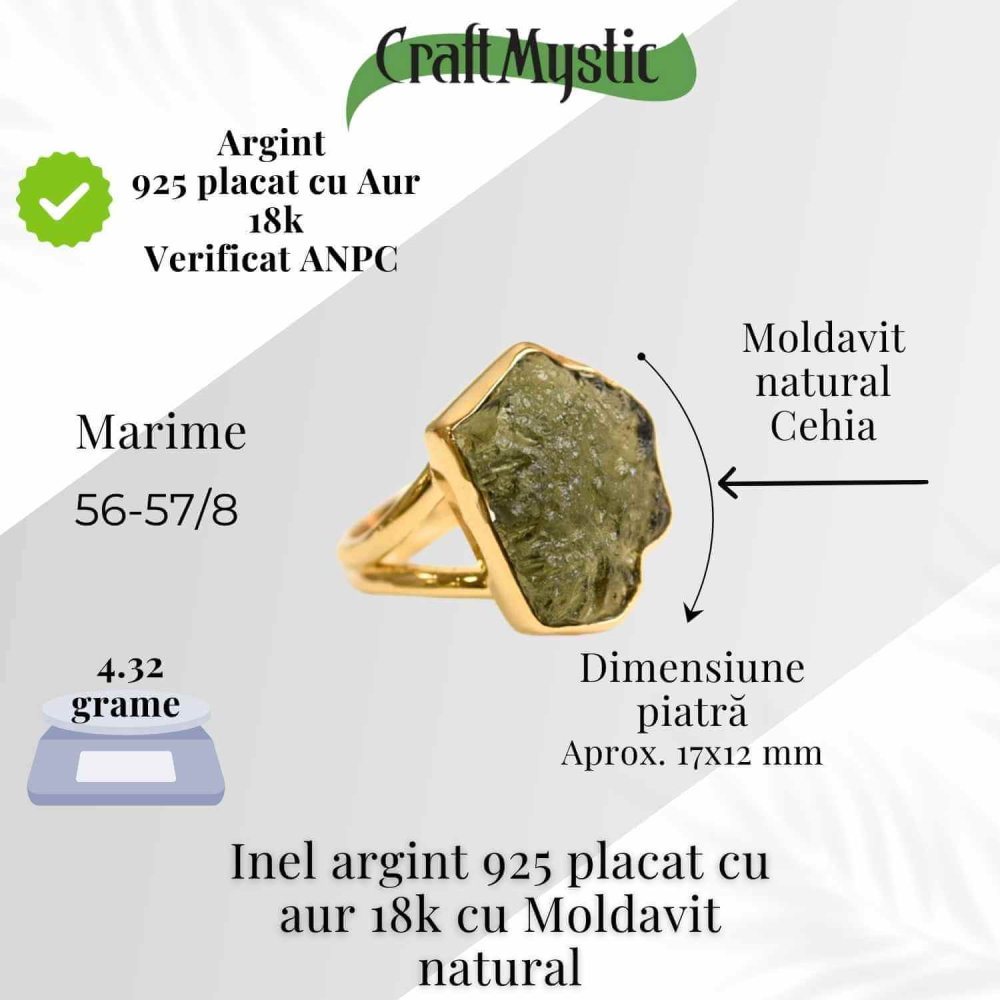 Inel argint 925 placat aur 18k cu Moldavit natural brut – Bijuterie rara cu piatra transformarii [2]