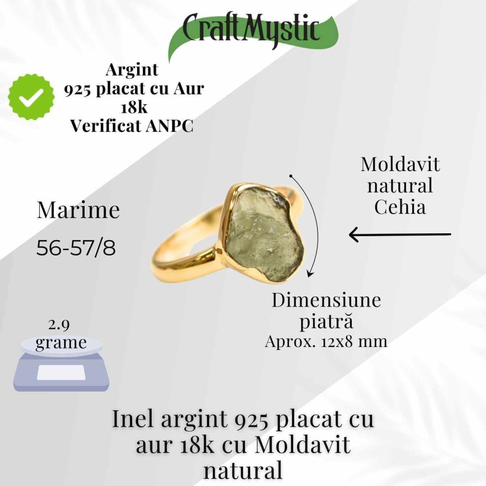 Inel argint 925 placat aur 18k cu Moldavit natural brut – Bijuterie rara cu piatra transformarii [2]