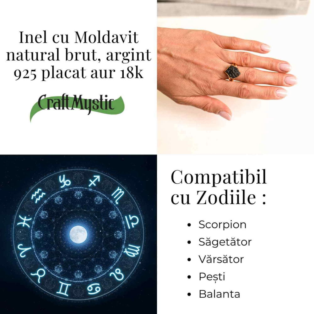 Inel argint 925 placat aur 18k cu Moldavit natural brut – Bijuterie rara cu piatra transformarii [4]