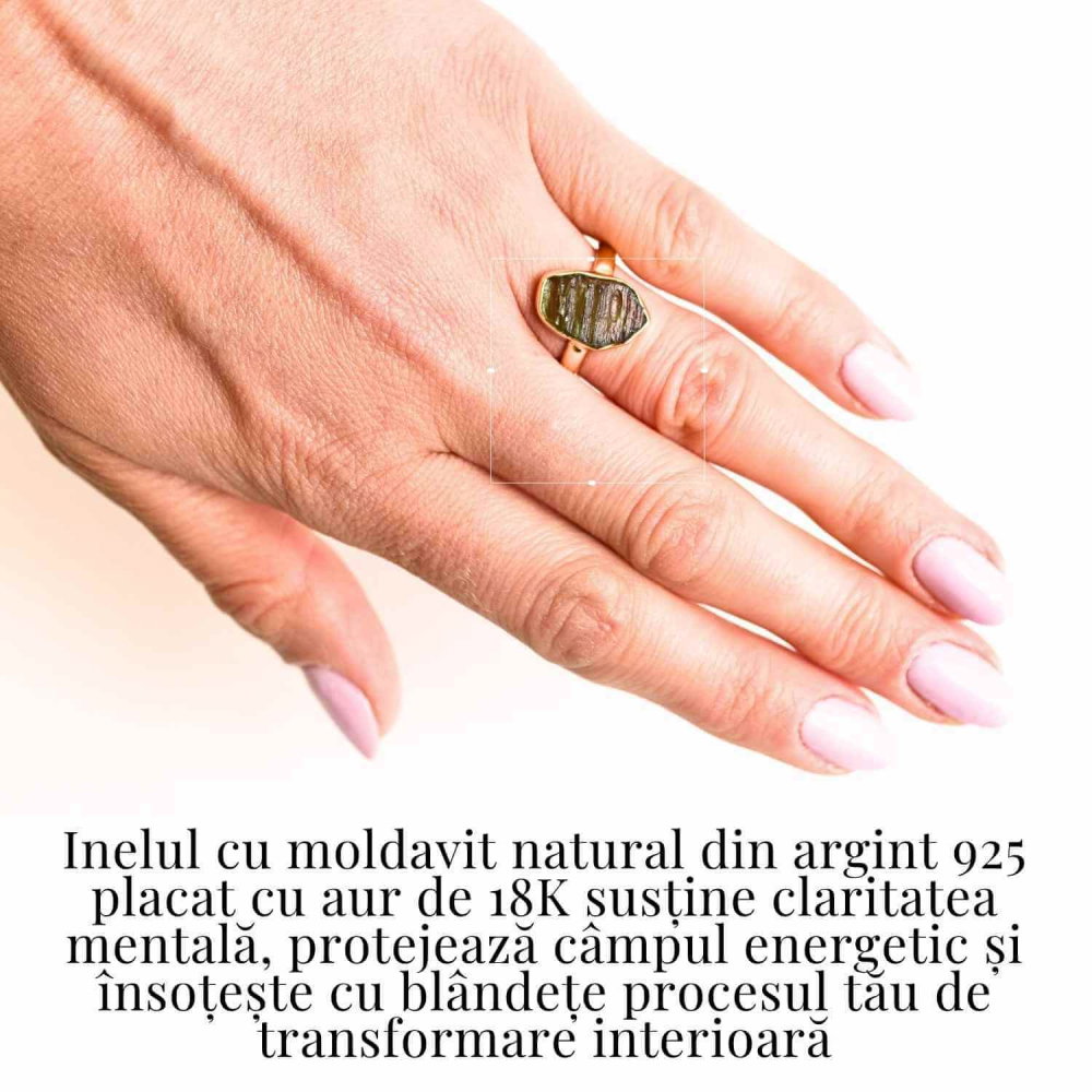 Inel argint 925 Elegant cu Moldavit placat cu Aur 18K – Stimuleaza Evolutia Interioara si Vindecarea Energetica, 3.42 gr [2]