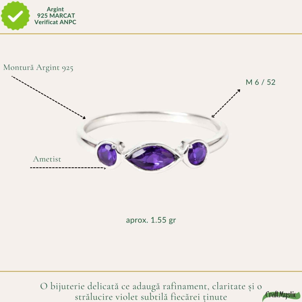 Inel Argint 925 cu 3 Pietre Ametist Natural Fatetat – Calm si Claritate Interioara [3]
