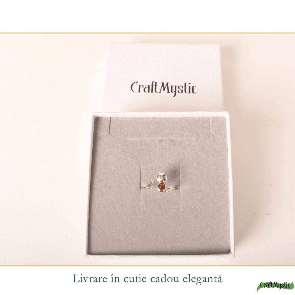 Inel Argint 925 cu Pisica si Chihlimbar Natural – Delicatețe, Intuitie si Energie Calda [6]