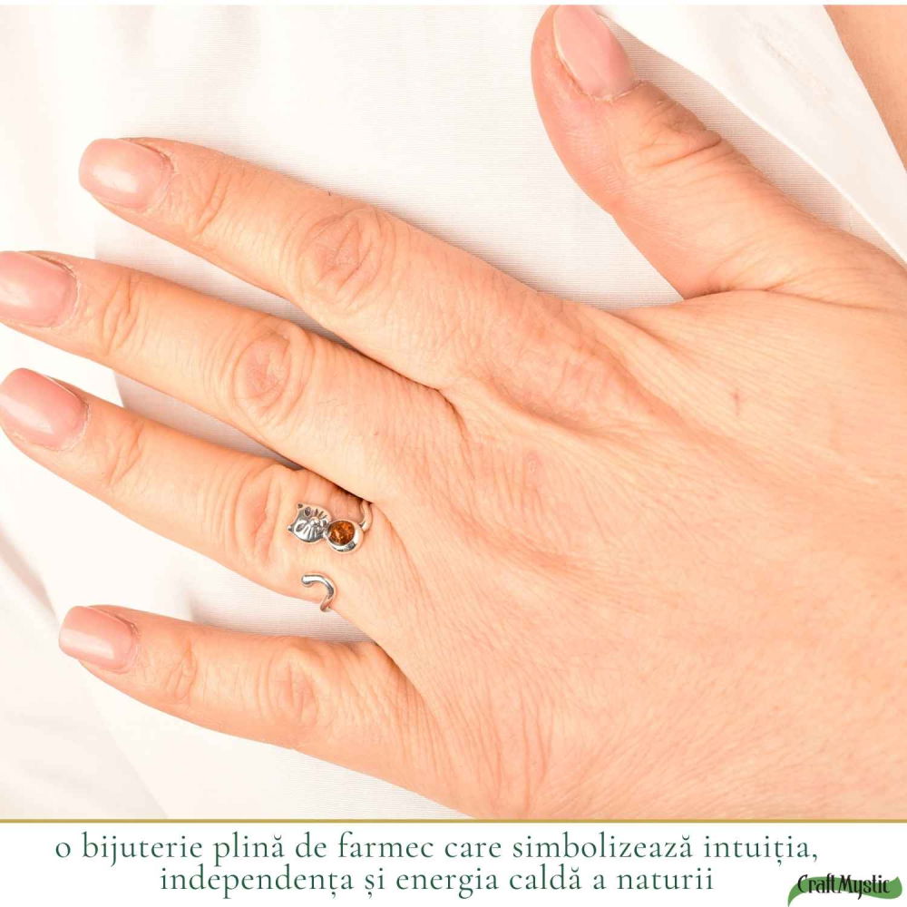 Inel Argint 925 cu Pisica si Chihlimbar Natural – Delicatețe, Intuitie si Energie Calda [2]