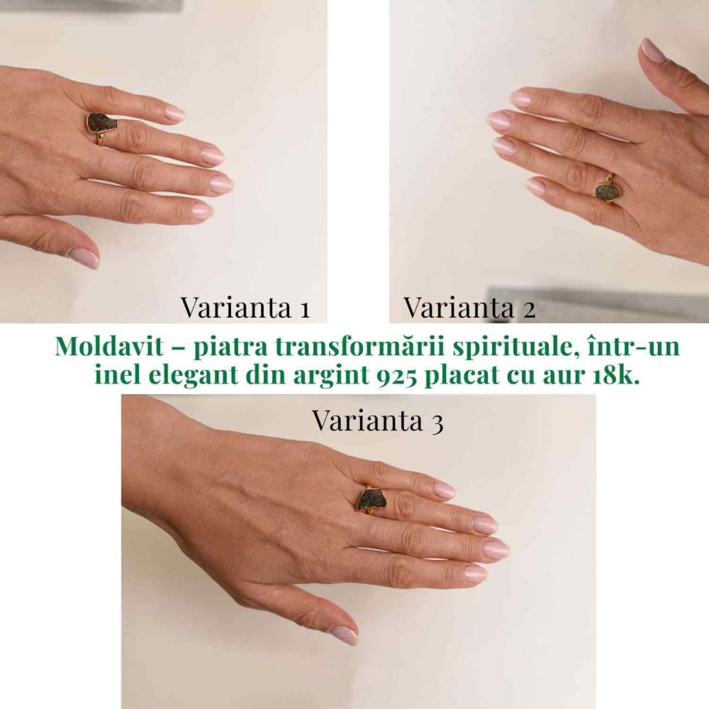 Inel argint 925 placat aur 18k cu Moldavit natural brut Marime 53-54 (EU) / 7 (US) – Piatra transformarii si protectiei [3]