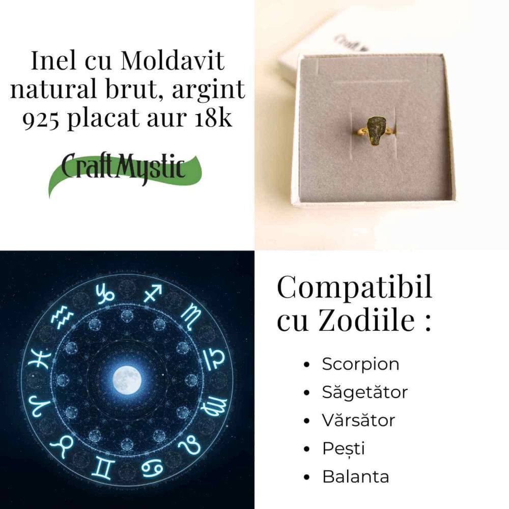 Inel argint 925 placat aur 18k cu Moldavit natural brut Marime 58-59 (EU) /9 (US) – Piatra transformarii si protectiei [5]