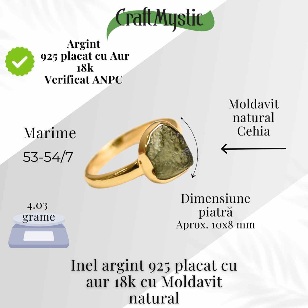Inel argint 925 placat aur 18k cu Moldavit natural brut Marime 58-59 (EU) /9 (US) – Piatra transformarii si protectiei [2]
