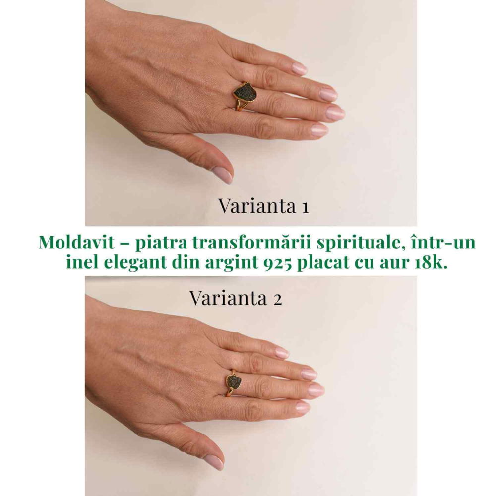 Inel argint 925 placat aur 18k cu Moldavit natural brut Marime 58-59 (EU) /9 (US) – Piatra transformarii si protectiei [3]