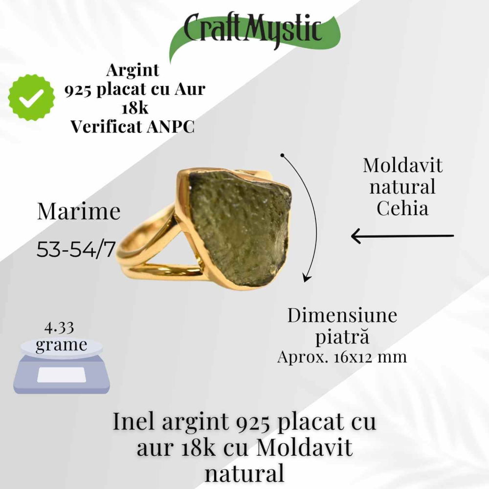 Inel argint 925 placat aur 18k cu Moldavit natural brut Marime 58-59 (EU) /9 (US) – Piatra transformarii si protectiei [2]
