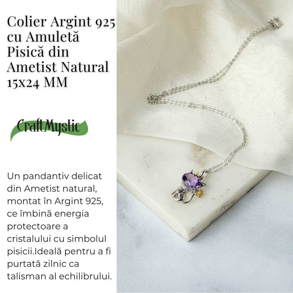 Colier Argint 925 cu Ametist Natural in Forma de Pisica – Claritate Spirituala si Protectie Energetica [3]