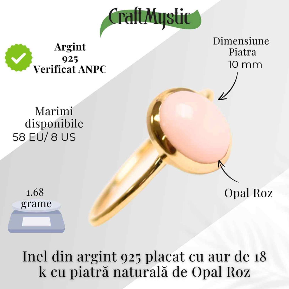 Inel Argint 925 placat cu Aur 18K cu Opal Roz Oval – Iubire, Vindecare si Blandete [5]