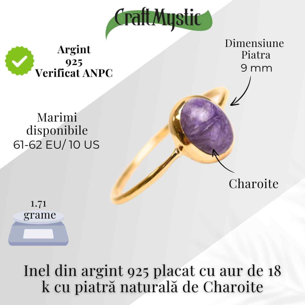 Inel Argint 925 placat cu Aur 18K cu Charoite Oval – Transformare si Claritate Spirituala [5]