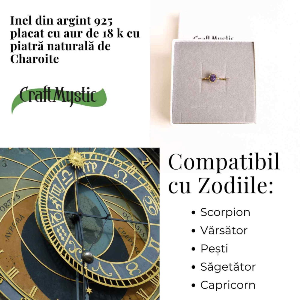 Inel Argint 925 placat cu Aur 18K cu Charoite Oval – Transformare si Claritate Spirituala [4]