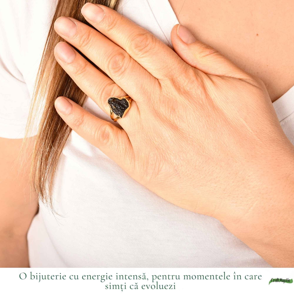 Inel cu Moldavit Brut, Argint 925 Placat Aur 18K, M8/56 - Protectie Energetica si Claritate [2]