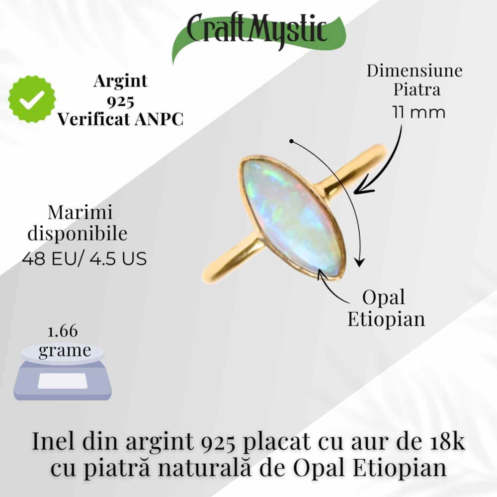 Inel din argint 925 placat cu aur 18K forma delica cu piatra naturala Opal Etiopian marquise [5]