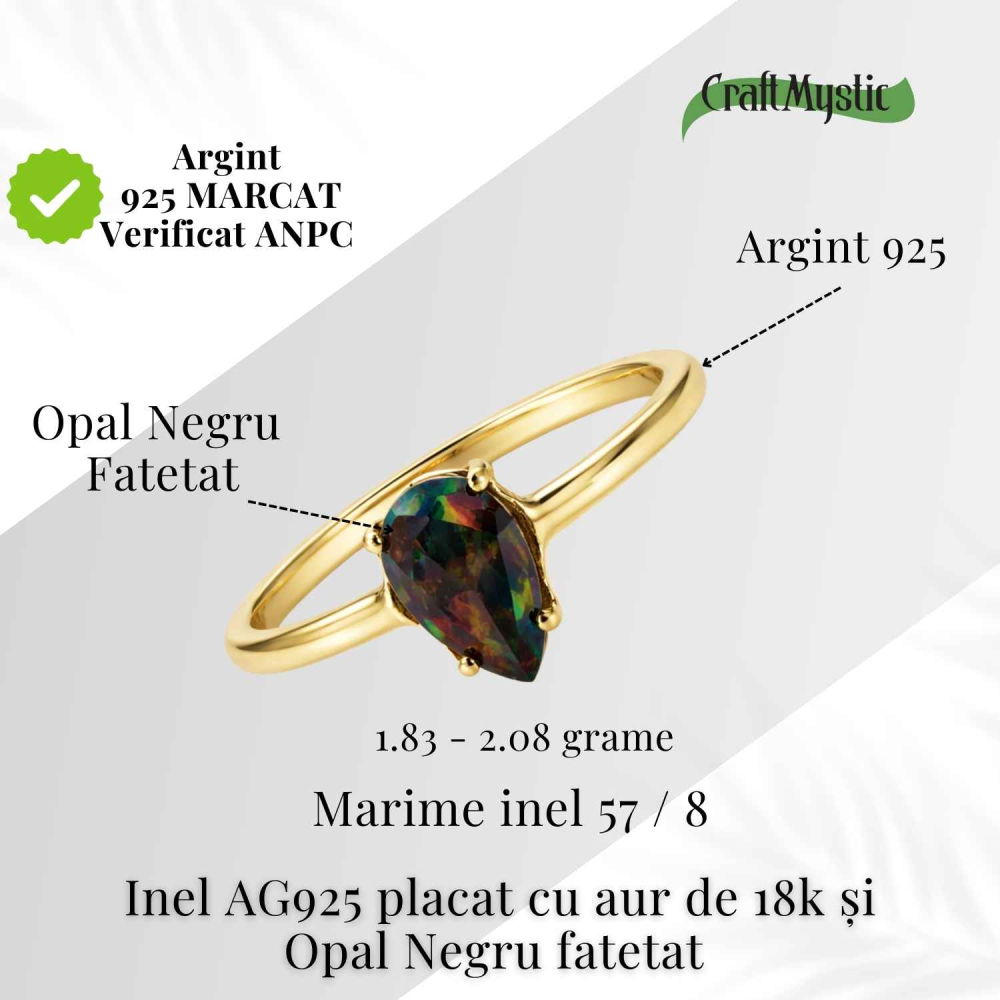 Inel Argint 925 placat cu aur 18K cu Opal Negru Fațetat oval— o reflexie profunda a intuitiei purtate cu gratie [4]
