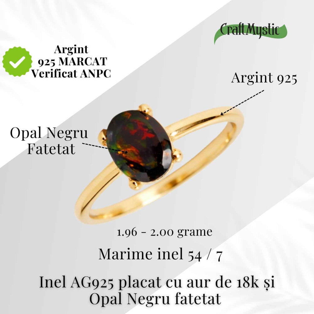 Inel Argint 925 placat cu aur 18K cu Opal Negru Fațetat oval— o reflexie profunda a intuitiei purtate cu gratie [4]