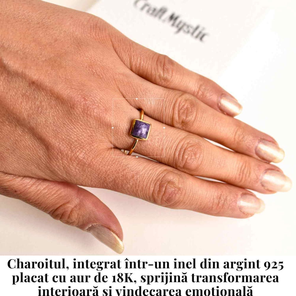 Inel Argint 925 placat cu Aur 18K cu Charoite Patrat – Transformare Spirituala si Liniste Interioara [2]