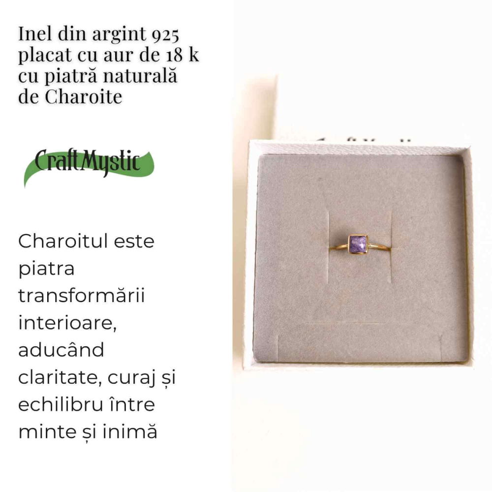 Inel Argint 925 placat cu Aur 18K cu Charoite Patrat – Transformare Spirituala si Liniste Interioara [3]