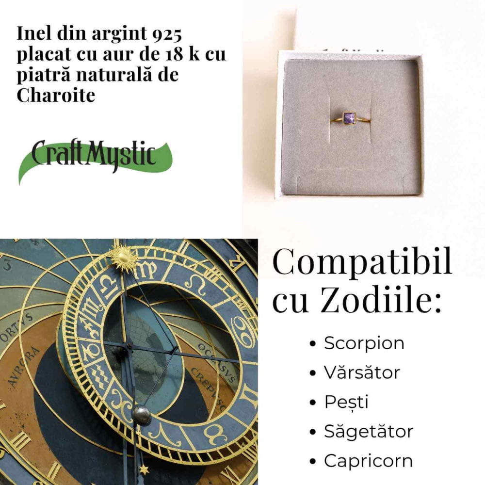 Inel Argint 925 placat cu Aur 18K cu Charoite Patrat – Transformare Spirituala si Liniste Interioara [4]