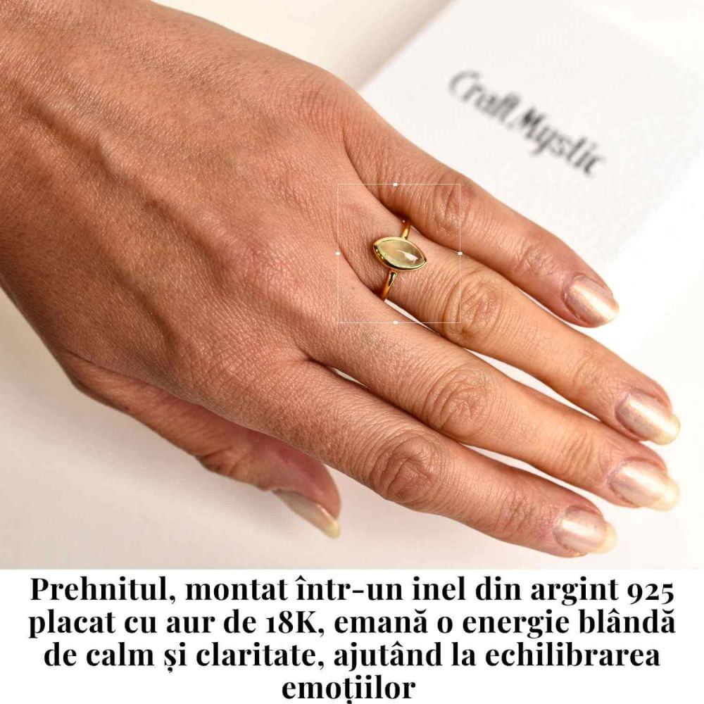 Inel Argint 925 placat cu aur 18K cu Prehnit forma delica – Liniste Interioara si Claritate Spirituala [2]