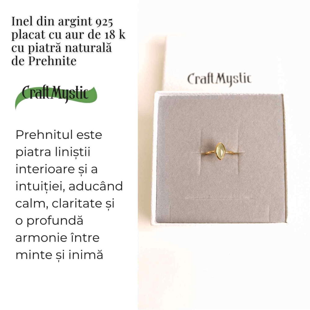 Inel Argint 925 placat cu aur 18K cu Prehnit forma delica – Liniste Interioara si Claritate Spirituala [3]