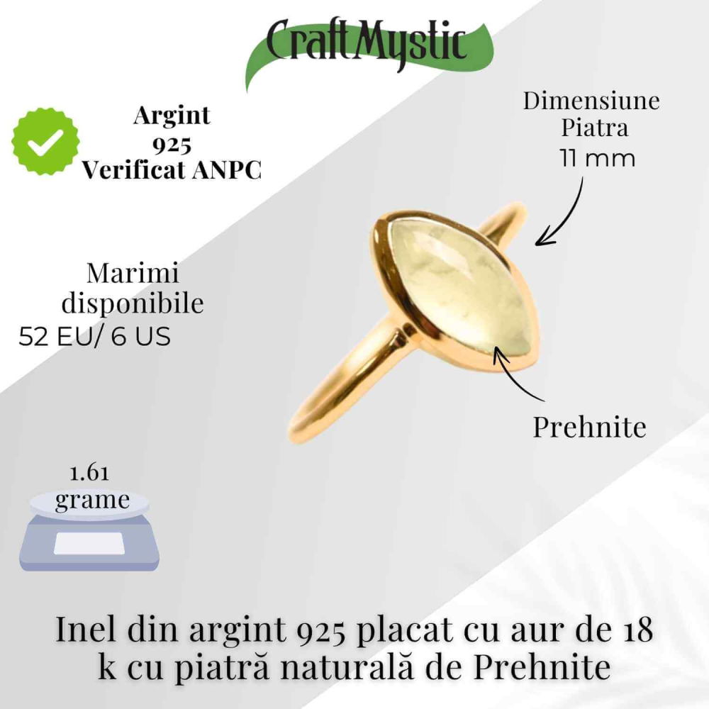 Inel Argint 925 placat cu aur 18K cu Prehnit forma delica – Liniste Interioara si Claritate Spirituala [5]