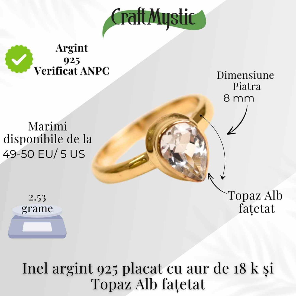 Inel argint 925 placat cu aur 18K cu Topaz Alb lacrima – Claritate si Renastere [4]