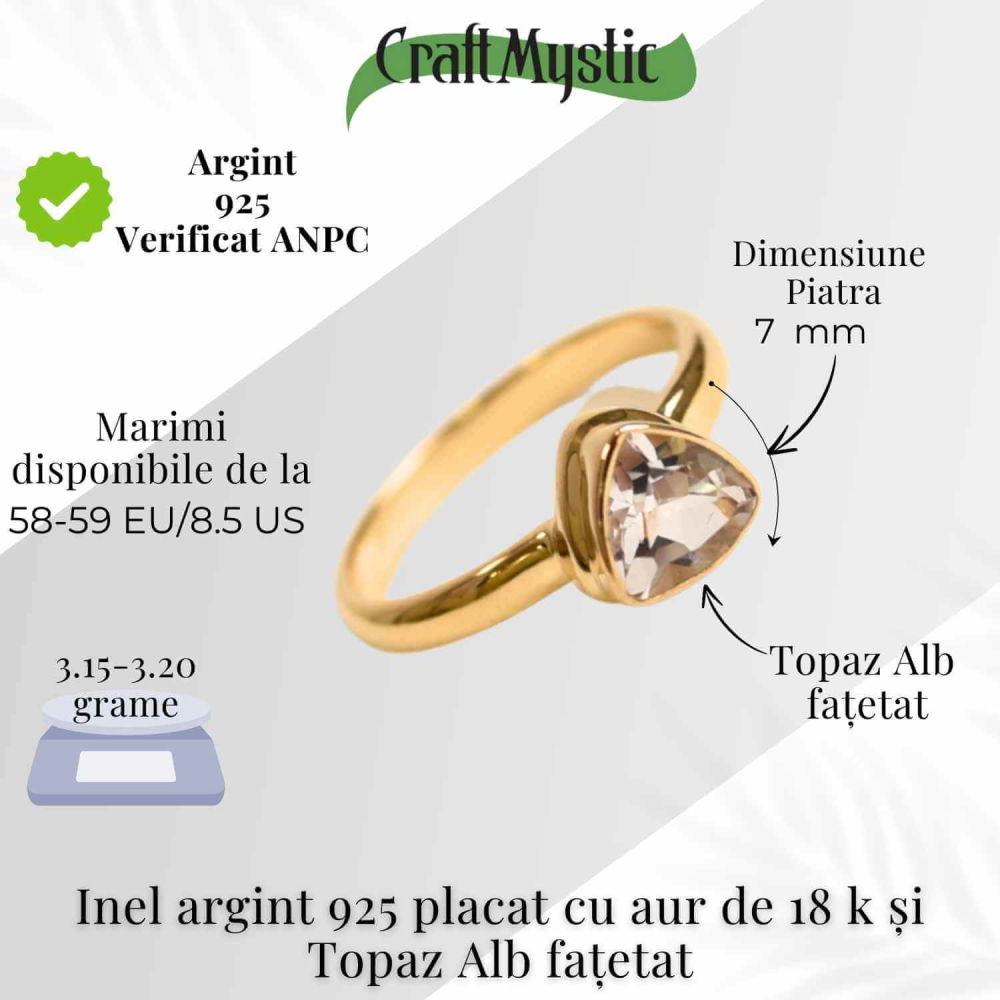 Descoperă inelul din argint 925 placat cu aur 18K cu piatră naturală de Topaz Alb fațetat triunghi. Simbol al clarității și echilibrului, perfect pentru rafinament și protecție spirituală. [5]