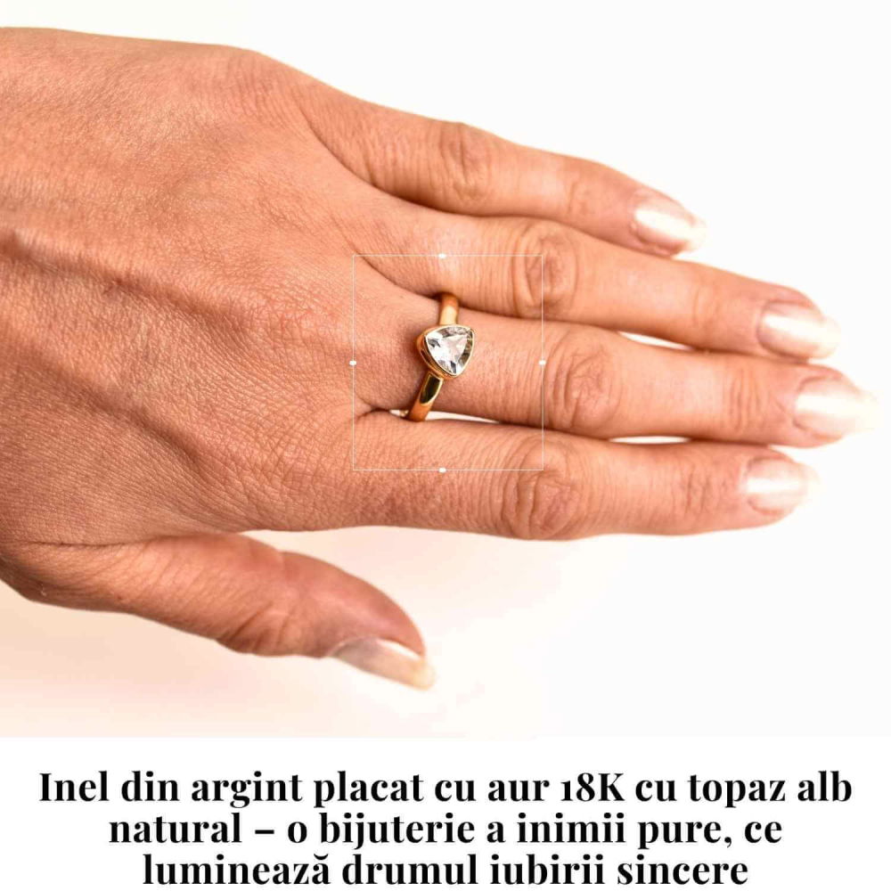 Descoperă inelul din argint 925 placat cu aur 18K cu piatră naturală de Topaz Alb fațetat triunghi. Simbol al clarității și echilibrului, perfect pentru rafinament și protecție spirituală. [2]