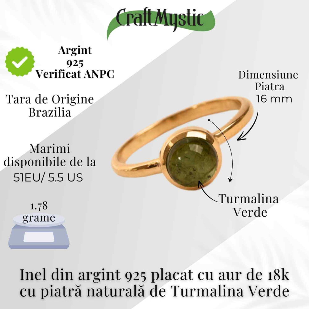 Inel Argint 925 Placat cu Aur 18K cu Turmalina Verde Marime 51 (EU) / 5.5 (US) – Echilibru si Incredere Interioara [4]