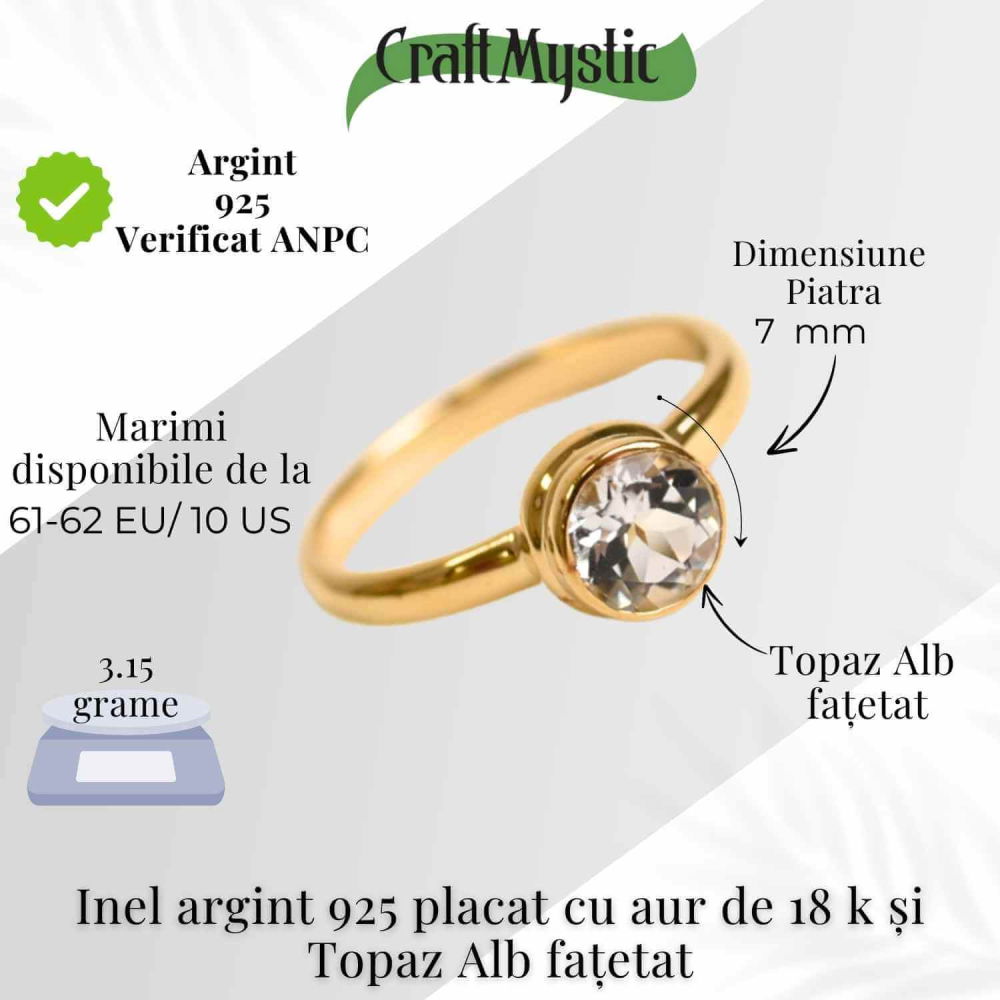 Inel argint 925 placat cu aur 18K si Topaz Alb fatetat rotund – Claritate si Eleganta [4]