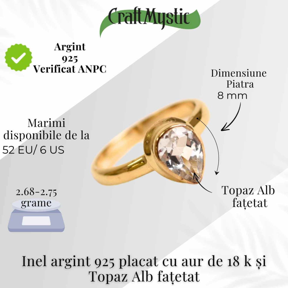 Inel argint 925 placat cu aur 18K cu Topaz Alb fatetat lacrima – Claritate si Lumina Interioara [4]