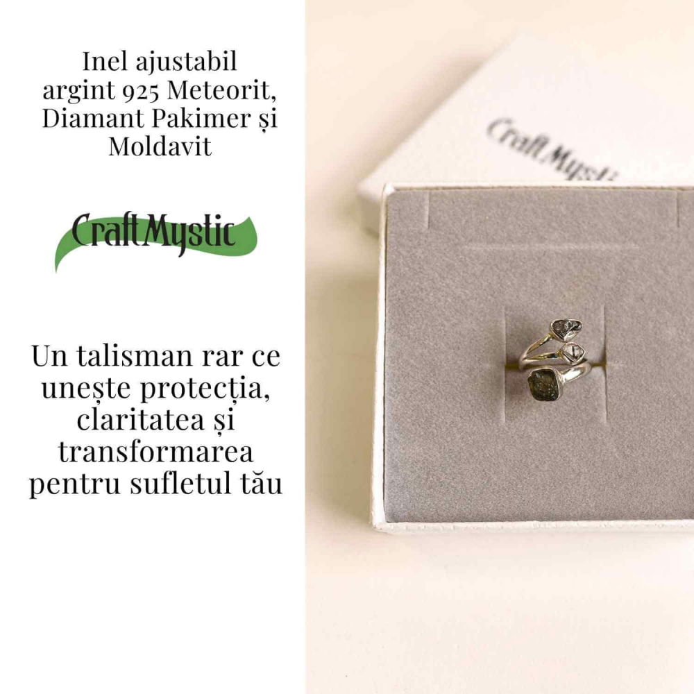 Inel din argint 925 cu tripla piatra naturala Moldavit, Diamant Pakimer si Meteorit Campo del Cielo [4]