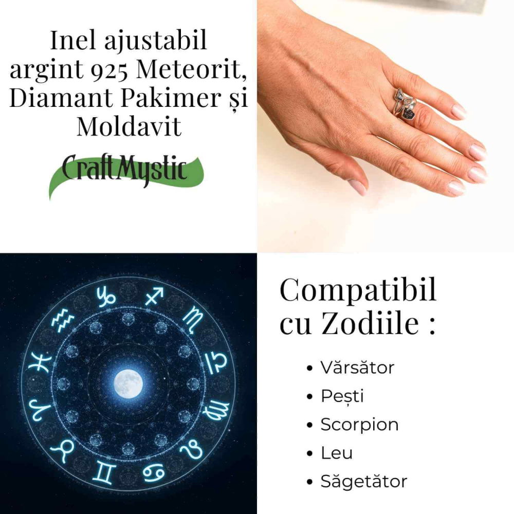 Inel din argint 925 cu tripla piatra naturala Moldavit, Diamant Pakimer si Meteorit Campo del Cielo [5]